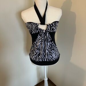 Y2K Luv ♥ Luv Zebra Print Halter Top Black White Tie Neck Size M